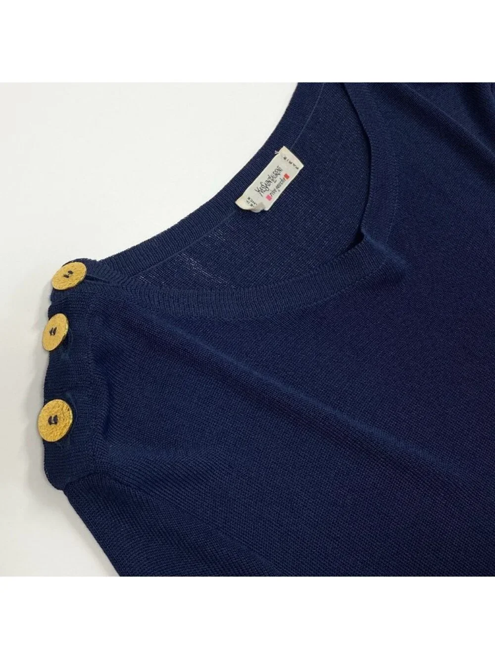 Saint Laurent Rive Gauche Rib Long Sleeve Knit Gold Button Navy Rayon Sweater